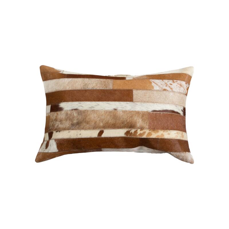 Set of Two 12" X 20" Brown and White Patchwork Cowhide Lumbar Throw Pillows