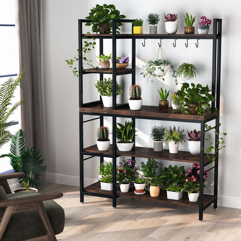 4-Tier Rustic Brown Baker’s Rack with S-Shape Hooks