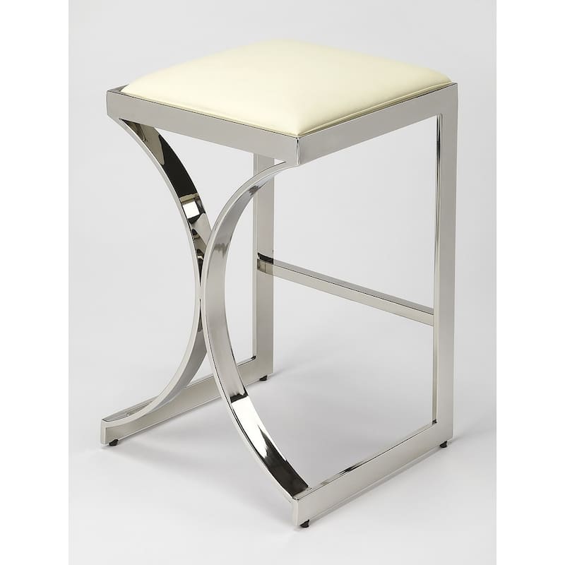24" Off White And Silver Faux Leather And Iron Backless Counter Height Bar Chair