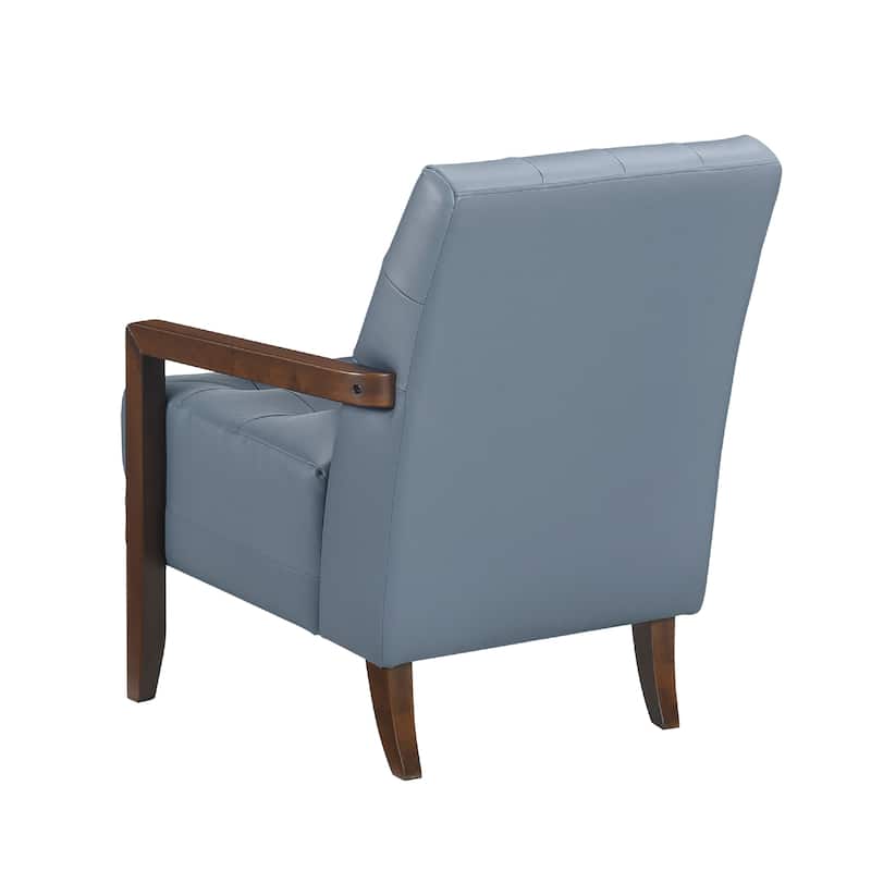 Lenie Accent Armchair, Button Tufted Blue Leather, Walnut Brown Wood