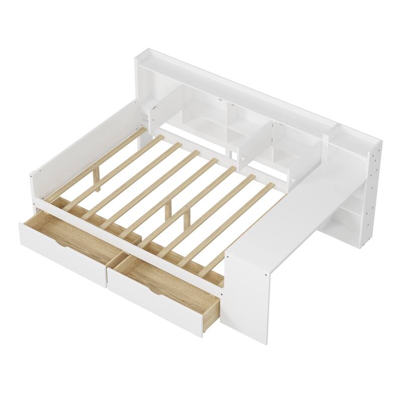 Wooden L Shaped Daybed with Bookcase and 2 Drawers, Multi-functional Corner Platform Sofa Bed Frame with Built In Desk