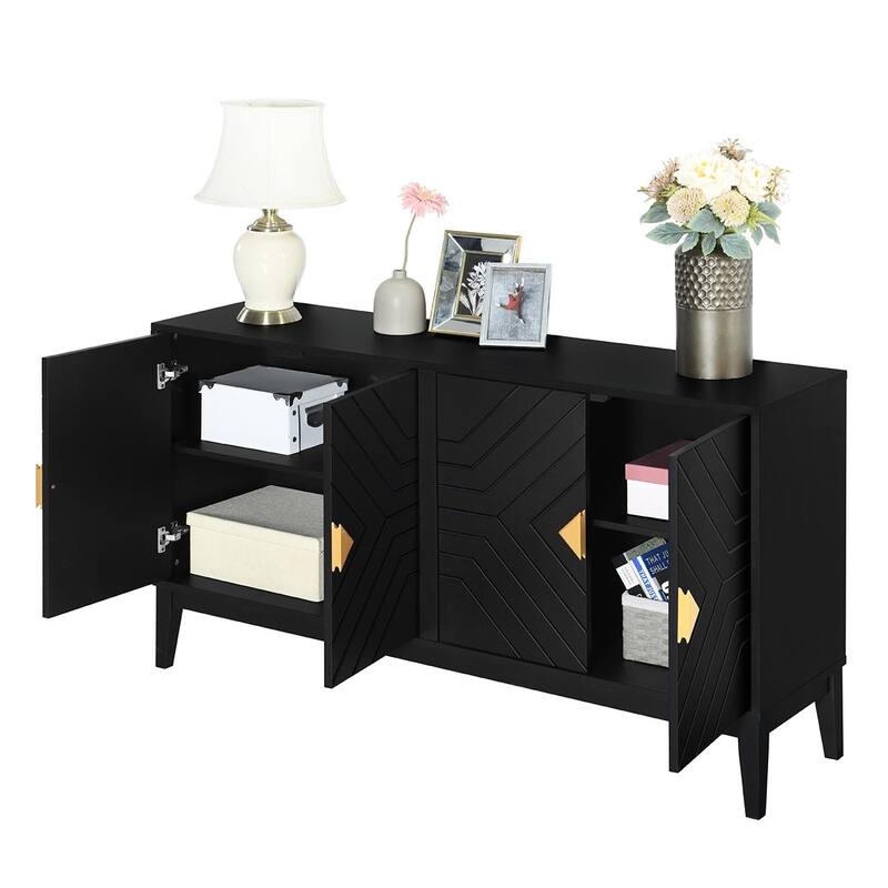 4 Door Buffet Cabinet with Groove Striped Lines, Sideboard Cabinet with Gold Handles, Storage Cabinet with Adjustable Shelves