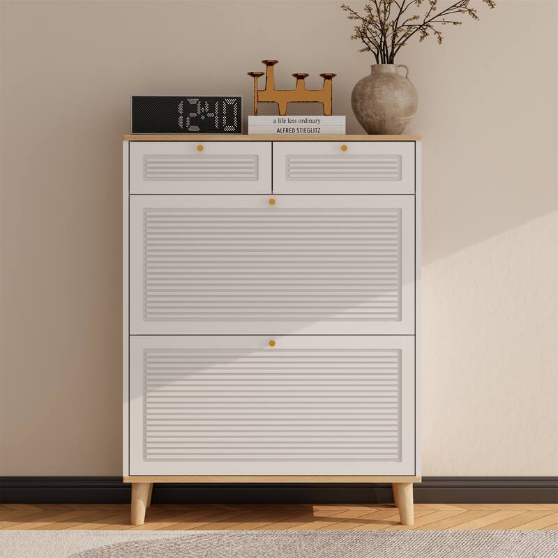 Freestanding Wood Shoe Cabinet with 2 Flip-up Doors and 2 Drawers