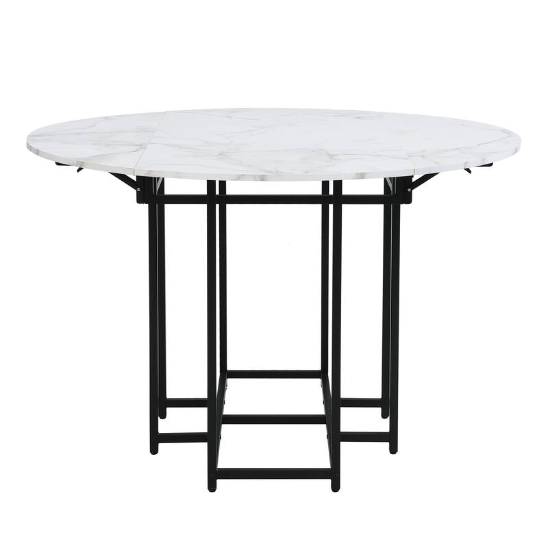 5-Piece Extendable Kitchen Dining Table Set- Round Faux Marble Top, 4 Upholstered Chairs, Compact Foldable Design