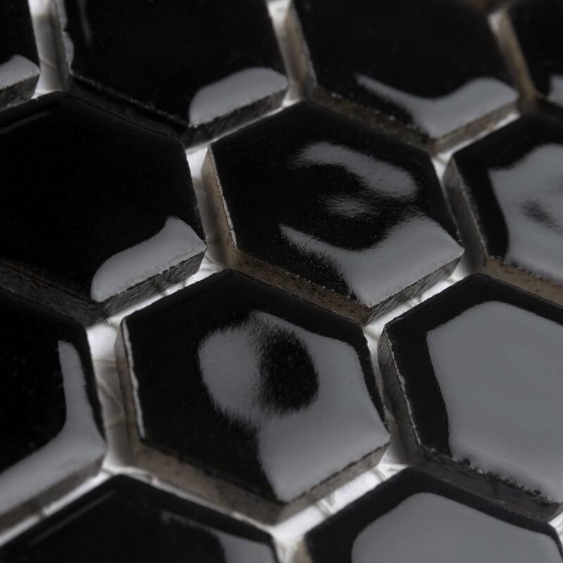 Merola Tile Hudson 1" Hex Glossy Black 11-7/8" x 13-1/4" Porcelain Mosaic Floor and Wall Tile