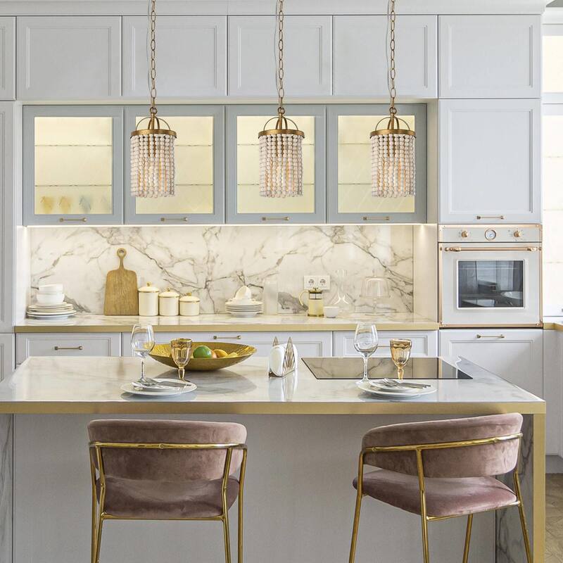 Alisar Mid-century Modern Mini Boho Kitchen Island Pendant with Distressed White Wood Beads
