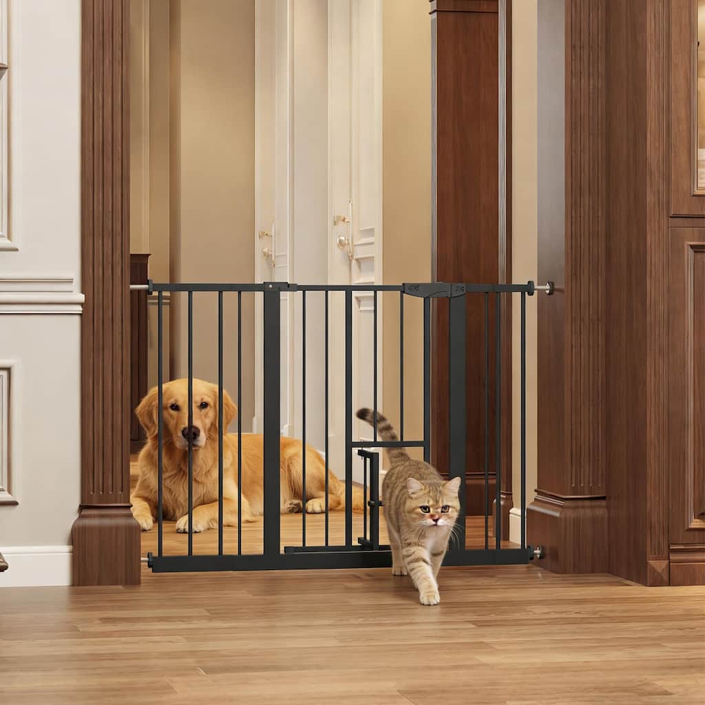 Baby Gate with Cat Door, 29.5-44.1" Metal Pet Door for Stairs & Doorways,Pressure Mounted,No Tools Needed, Black