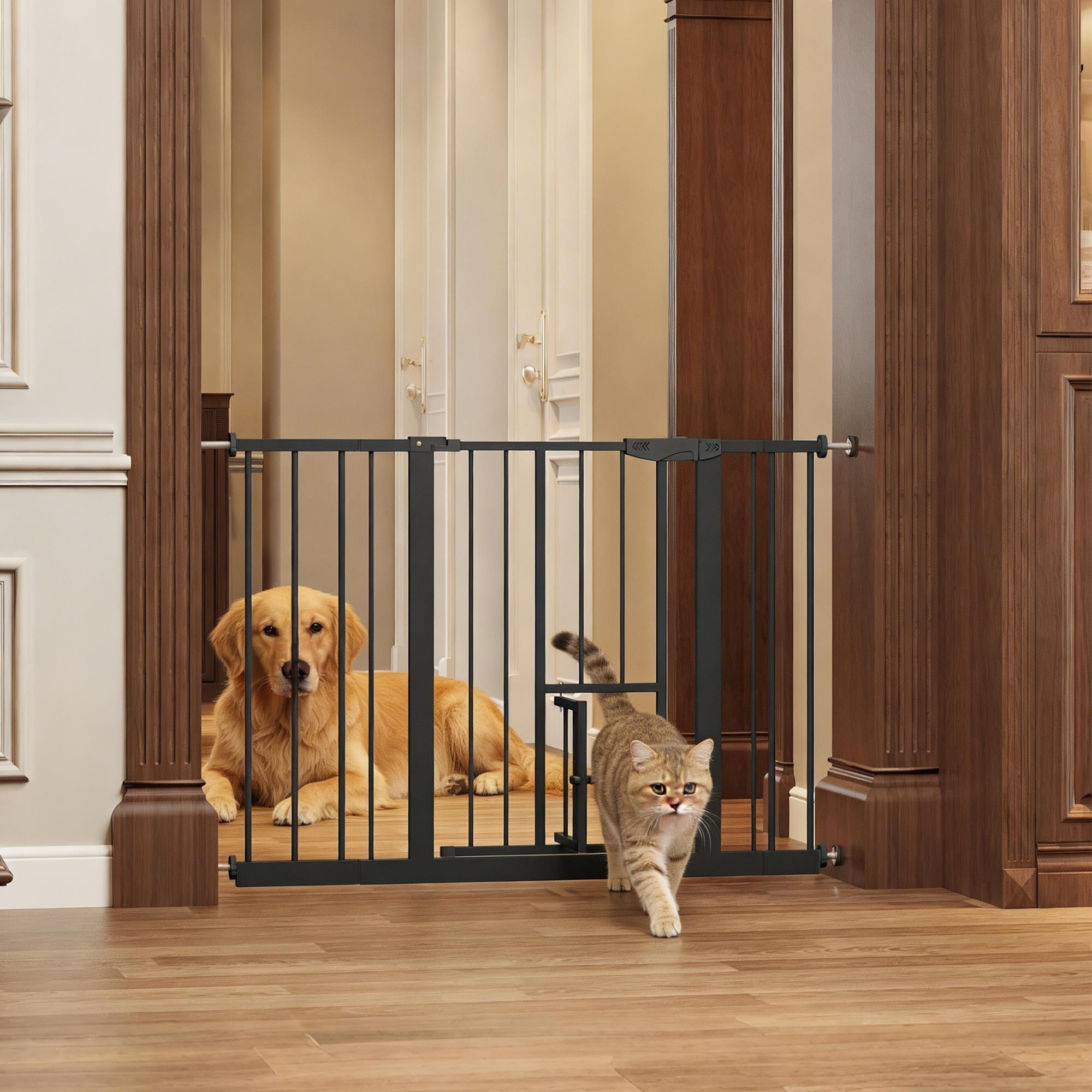 Baby Gate with Cat Door, 29.5-44.1" Metal Pet Door for Stairs & Doorways,Pressure Mounted,No Tools Needed, Black