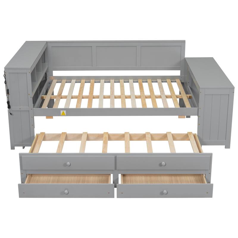 Bookcase Storage Bed, Full Size Daybed with Storage Shelves, Drawers, Trundle, Charging Station, Light, Desk and Cabinet