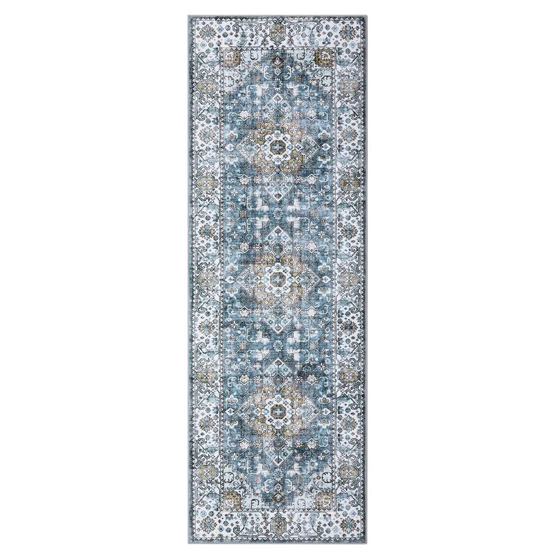 Washable Rug Vintage Medallion Area Rugs for Living Room Bedroom, Non-Skid Low Pile Floral Rug Soft Foldable Rug