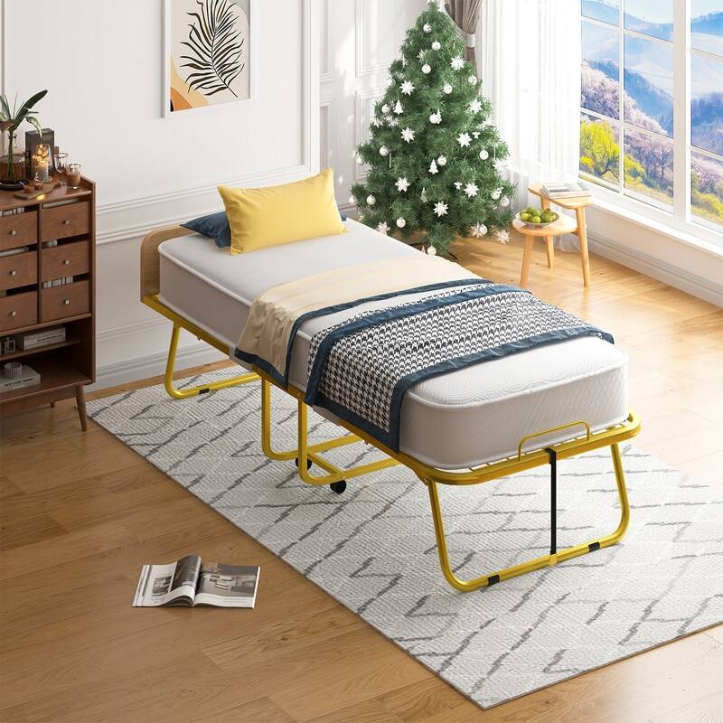 Mixoy Folding Bed with Mattress,Headboard,Dust Cover,Gold Metal Frame - 75''L x 31''W x 17''H - Twin