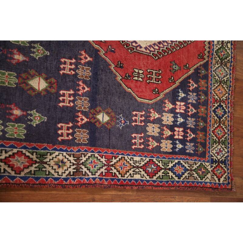Navy Geometric Yalameh Persian Vintage Rug Hand-knotted Wool Carpet - 4'3"x 7'1"