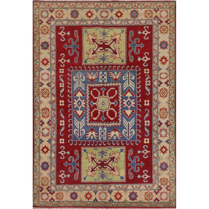 Traditional Kazak Oriental Area Rug Handmade Geometric Red Wool Carpet - 4'3" x 6'4"