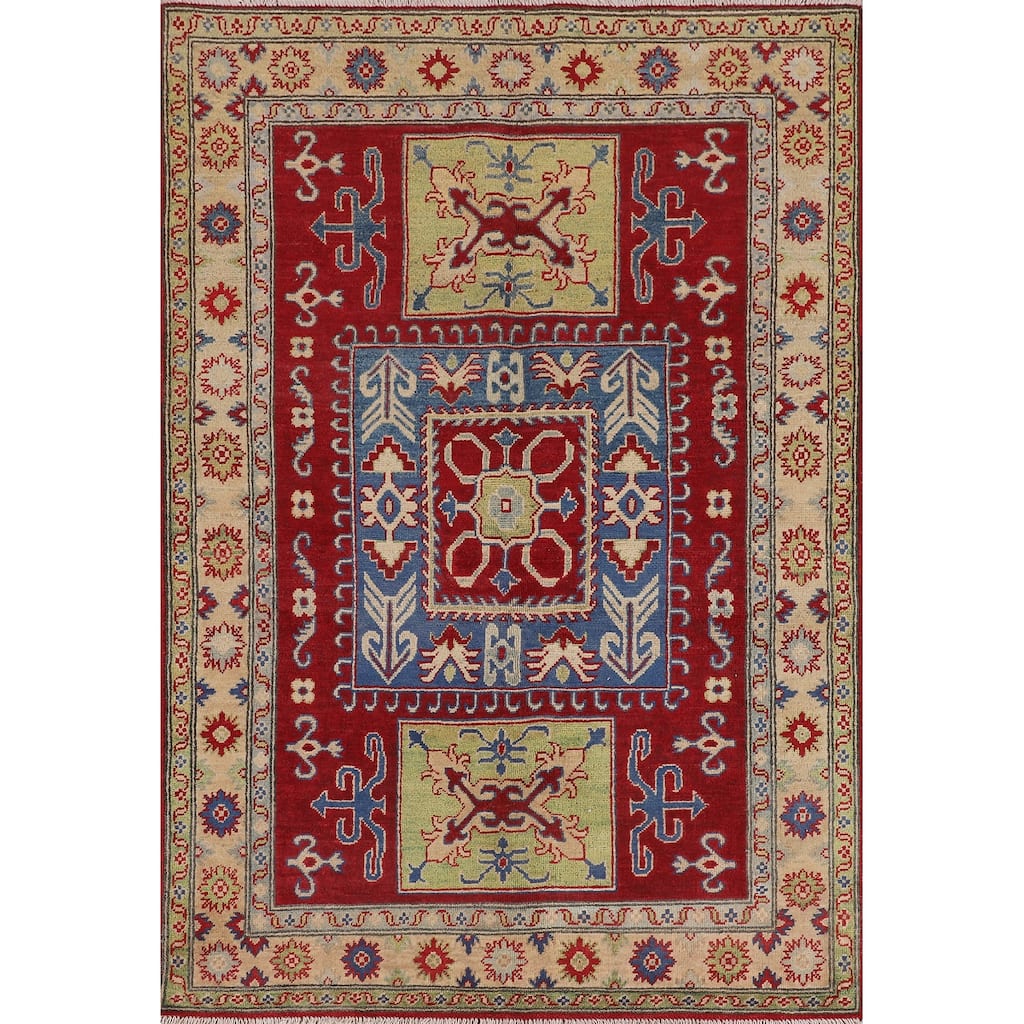 Traditional Kazak Oriental Area Rug Handmade Geometric Red Wool Carpet - 4'3" x 6'4"