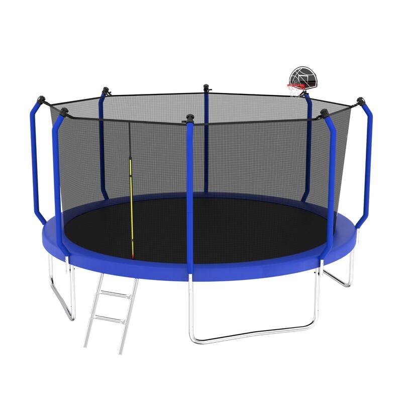 Outdoor Trampoline with Safety Net, Basketball Hoop & Ladder