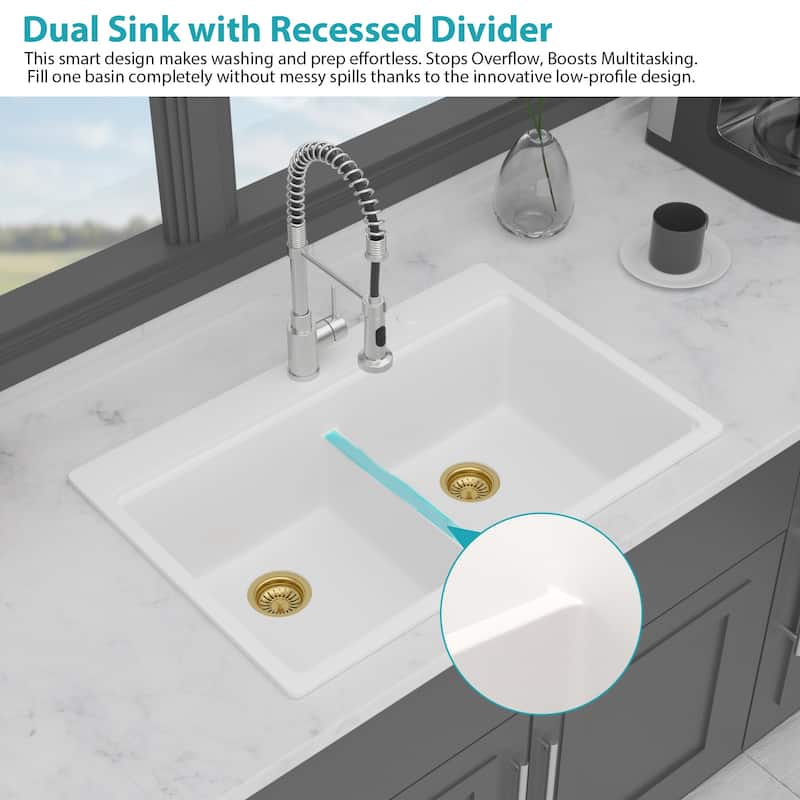 33 Inch Drop-in Double Bowl Quartz Kitchen Sink in White - 33'' x 22'' x 9.65''