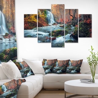 Autumn Mountain Waterfall Long View Landscape Photo Canvas Print - Orange