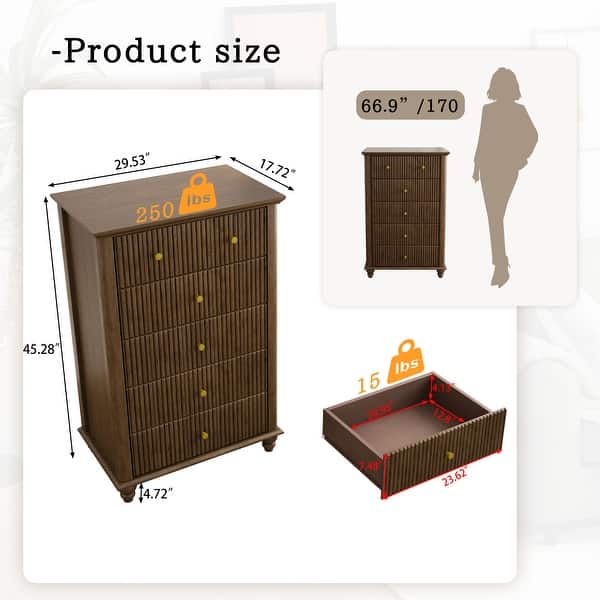 45 Inch Tall Fluted 5 Drawer Dresser with Metal Handle - Bed Bath & Beyond  - 43379879