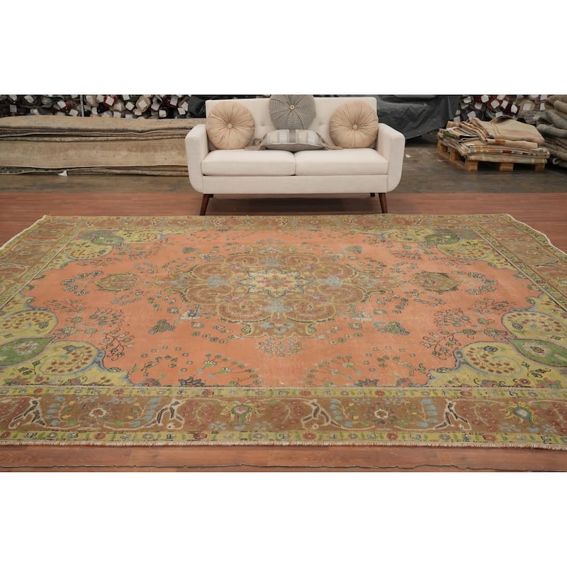 Hand Knotted Oriental 100% Wool Carpet Traditional Floral Coral Tabriz Area Rug - 11' 10'' X 9' 3''