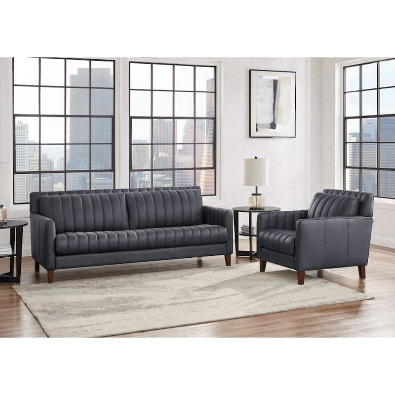 Hydeline Ennis Top Grain Leather Sofa and Chair Set - Sofa, Chair - Midnight Blue