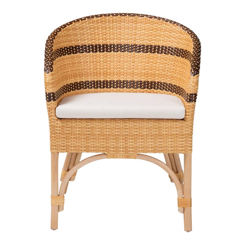 Elma Rattan Dining Chair with Cushion - Barrel-Back Accent Chair with Synthetic and Natural Rattan, Boho Coastal Style