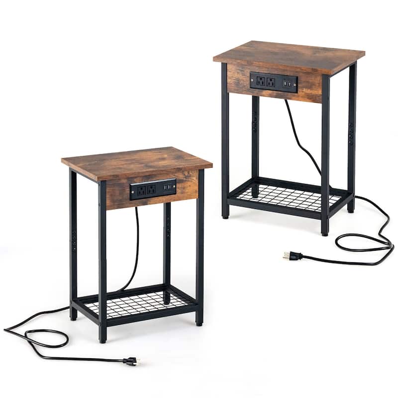 Gymax 2PCS Bedside Sofa Tables Nightstand w/ Charging Station for - Brown