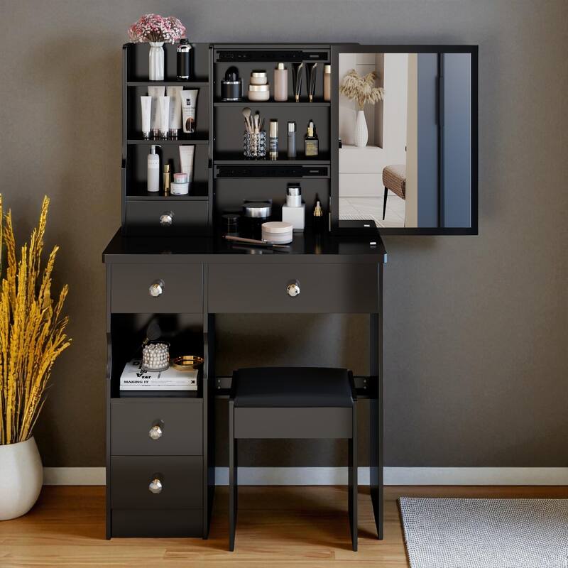 Small Vanity Desk with Sliding Mirror and Stool, Compact Makeup Table with Drawer and Storage for Small Spaces