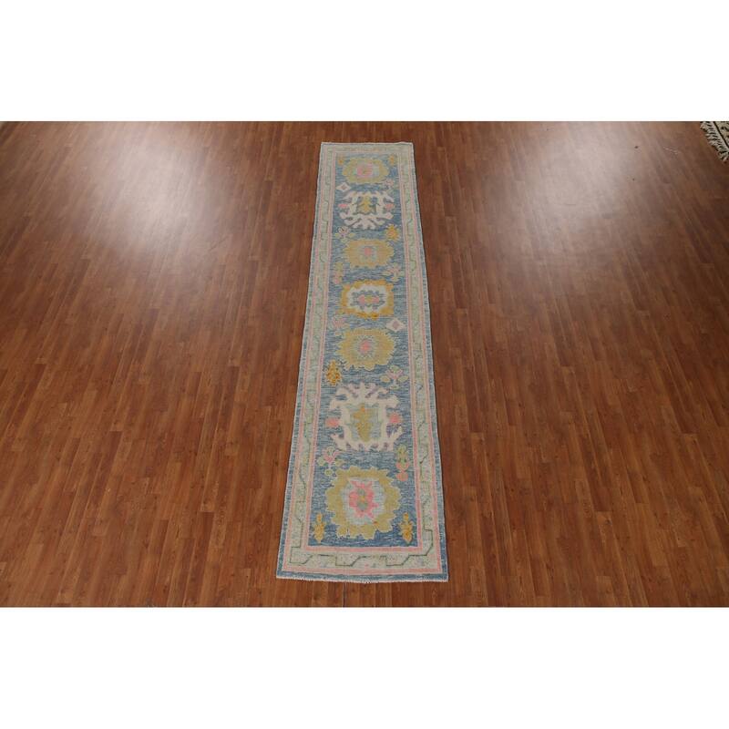Vegetable Dye Blue Oushak Turkish Runner Rug Handmade Wool Carpet - 2'10"x 12'11"