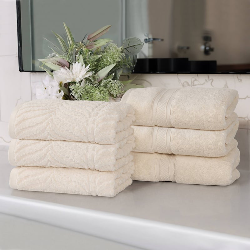 Superior Chevron Zero Twist Solid and Jacquard Cotton Hand Towel Set of 6 - Ivory