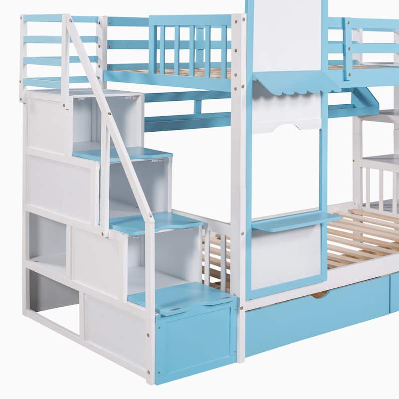 Twin-Over-Twin Wood Bunk Bed with Drawers, Shelves and Slide
