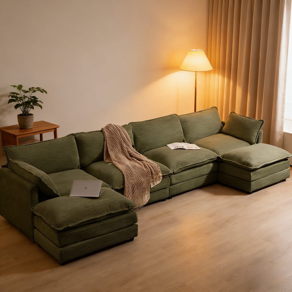 Oversized Modular Corduroy Sectional Sofa Set with Ottoman, 3-Seater / 4-Seater Deep Seat Lounge Couch for Living Room