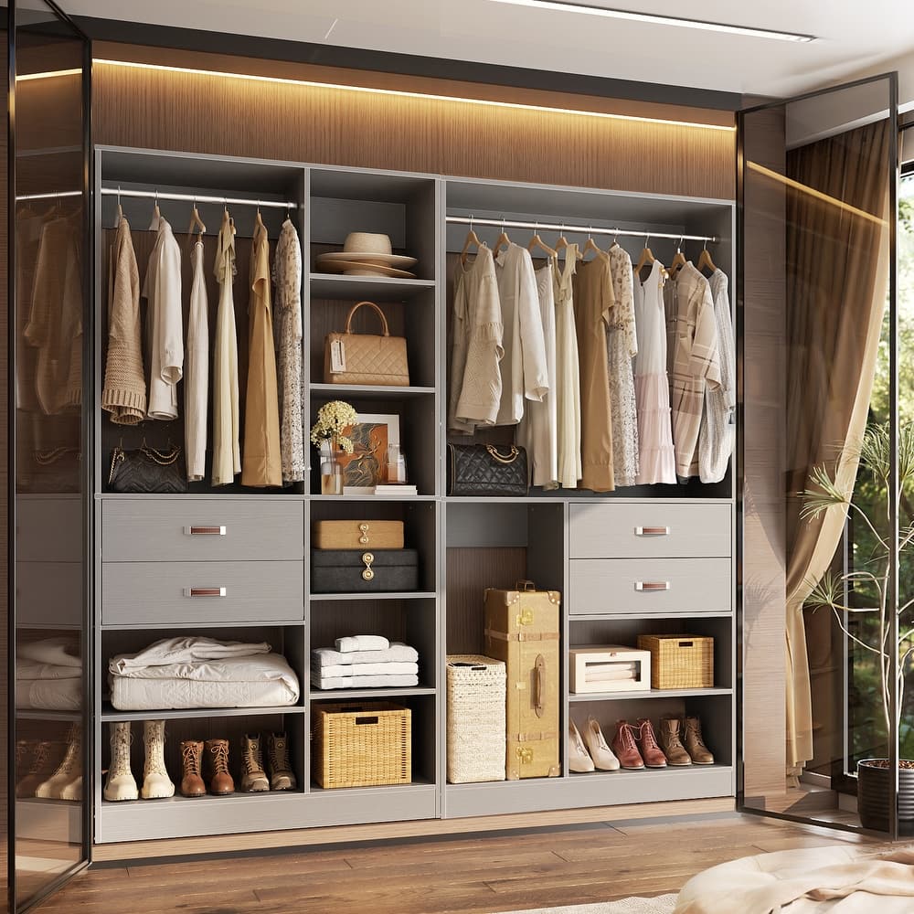 80''W Set of 2 Freestanding Closet System with Drawers, Reversible Wardrobe for Walk-in/ Reach-in Closet