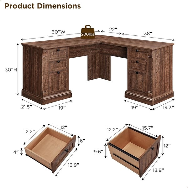 Farmhouse Computer Desk, Wood Home Office Desk with Charging Station ...