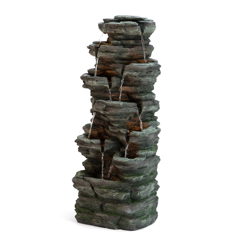 Glitzhome 39.25"H 9-Tiered Cascading Rock Polyresin Outdoor Fountain with Pump and LED Light