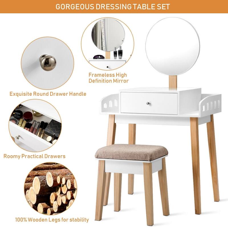 Wooden Makeup Dressing Mirror Table Set with 1 Drawer - 27.5" x 17" x 49.5" (L x W x H)