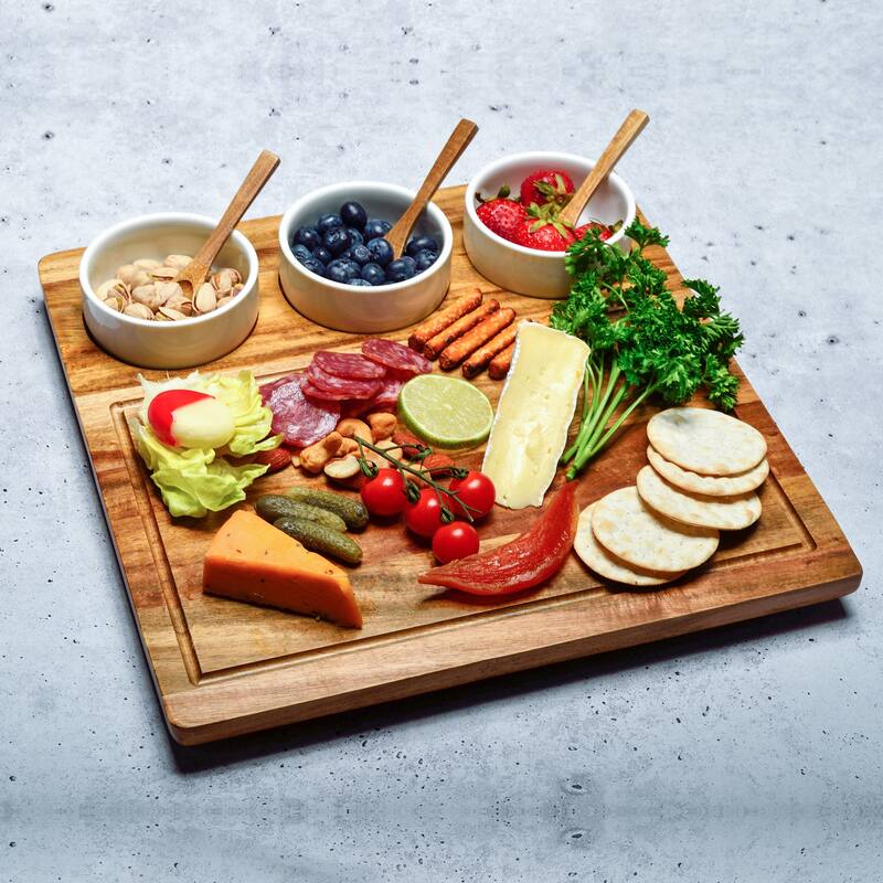 Picnic at Ascot Personalized Acacia Cheese & Charcuterie Board with Ceramic Dip Bowls