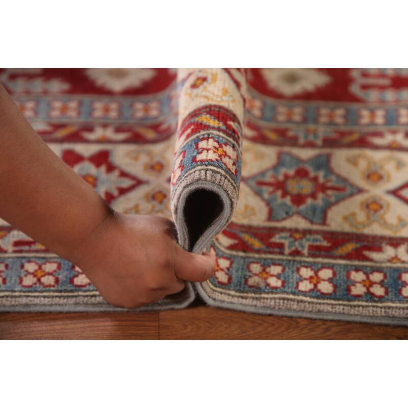 Kazak Area Rug Hand-Knotted Geometric Grey Wool Carpet - 6'9" x 9'8"
