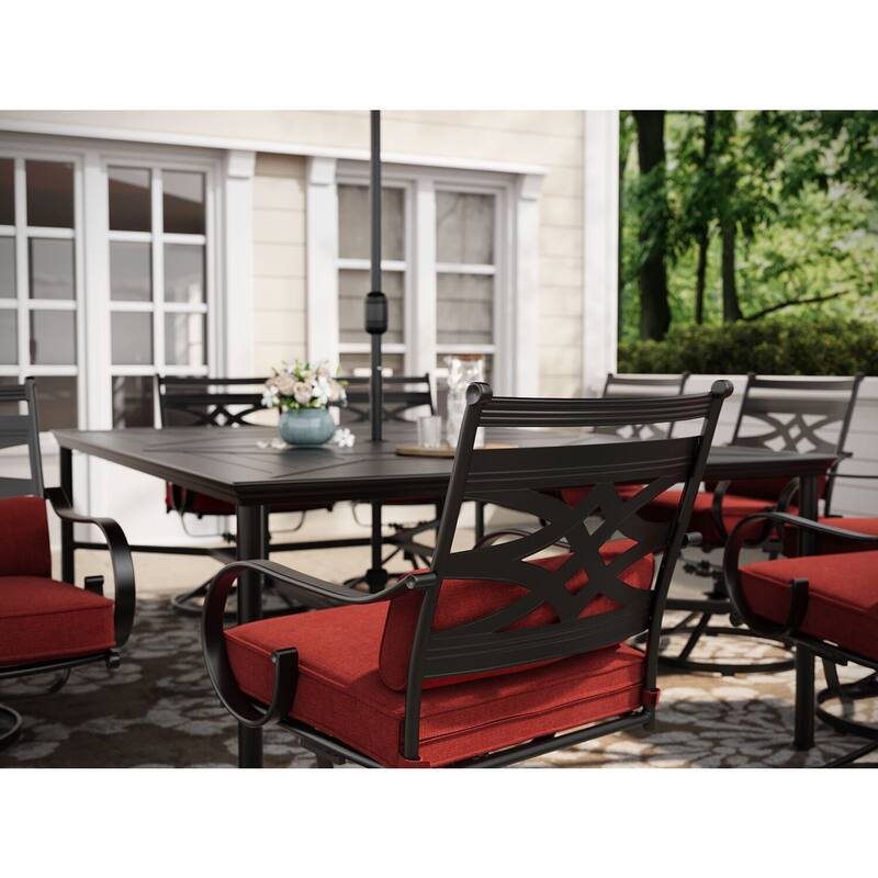 Hanover Montclair 11-Piece Dining Set in Chili Red with 10 Swivel Rockers and a 60-In. x 84-In. Table