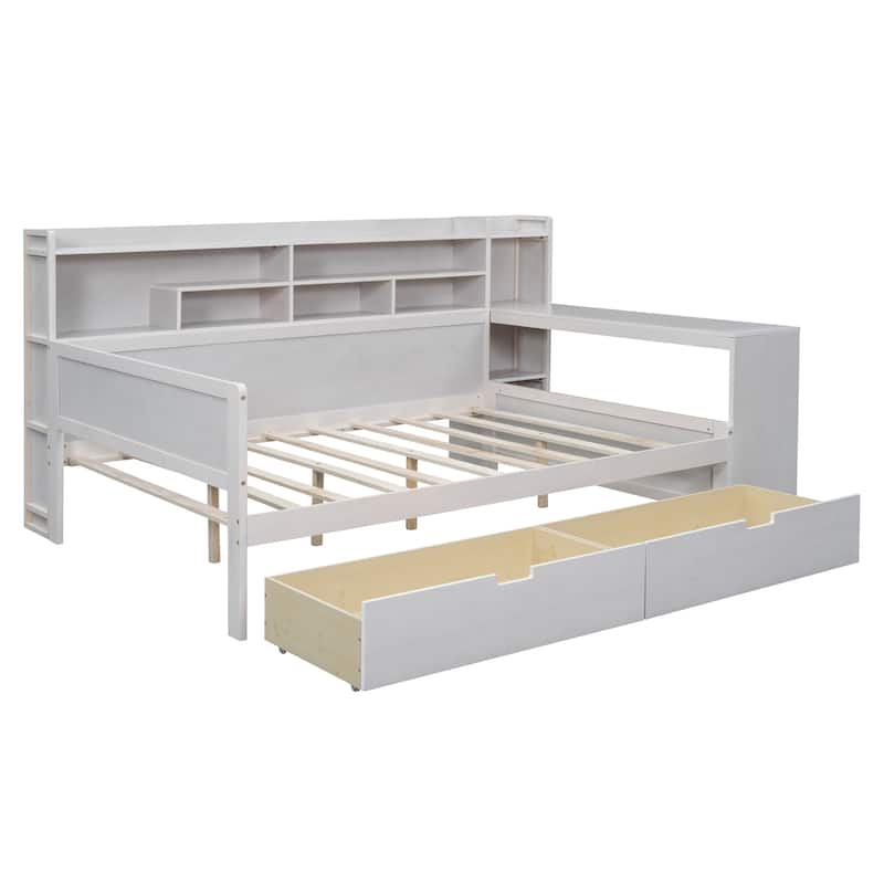 Wooden Full Size Daybed with Storage Shelves