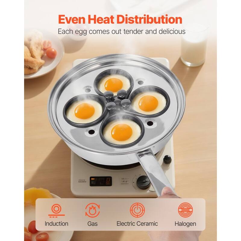 Silver Stainless Steel Egg Poacher Pan with 4 Cups and Glass Lid - 14.69 x 8.86 x 4.33 in