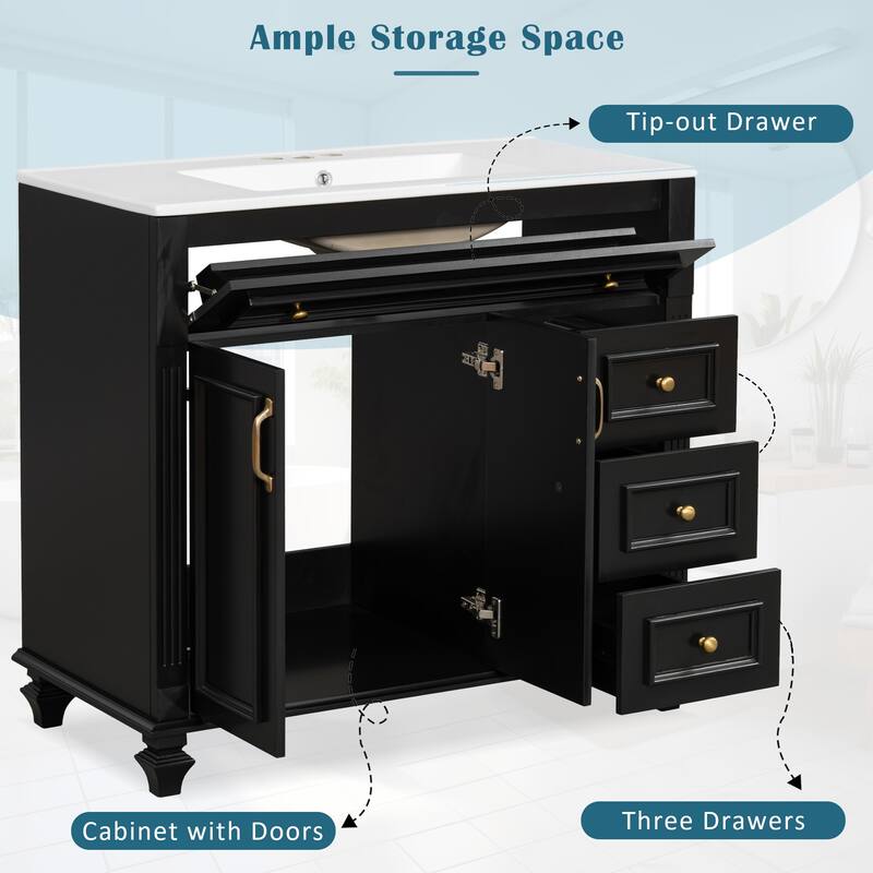 Roomfitters 36" Bathroom Vanity with Sink, Flip-Out Drawer, 3 Drawers, Soft-Close Doors, Solid Wood Cabinet