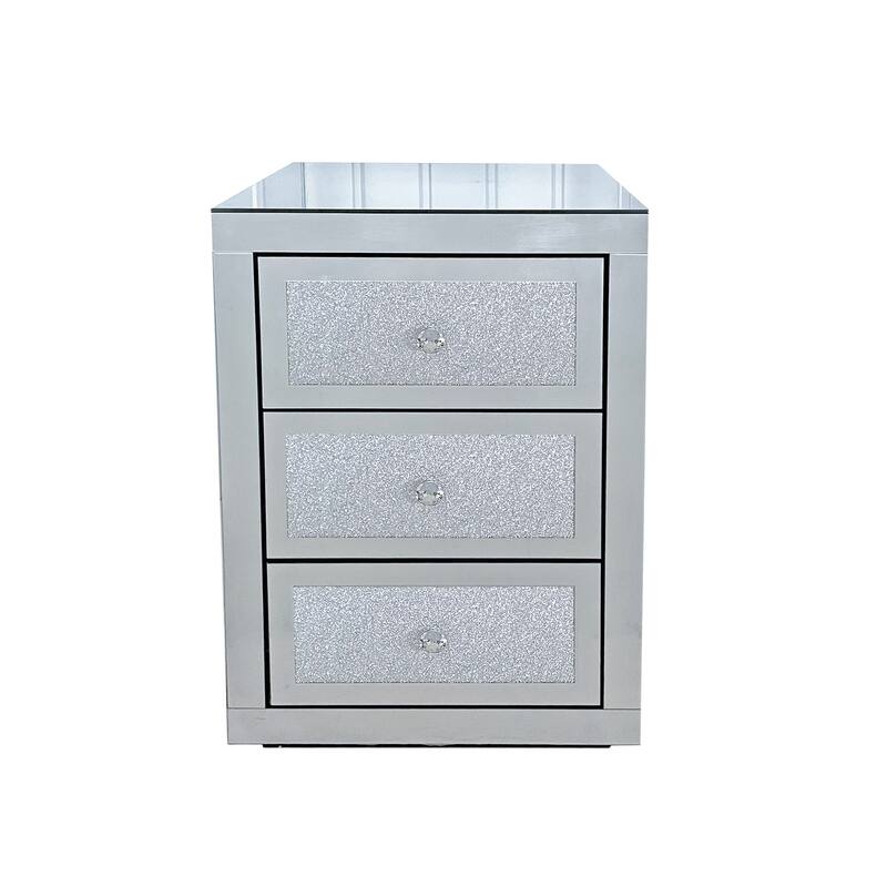 3-Drawer Mirrored Nightstand with Glitter Accents, Crystal Knobs & Silent Glide Drawers for Bedroom or Living Room