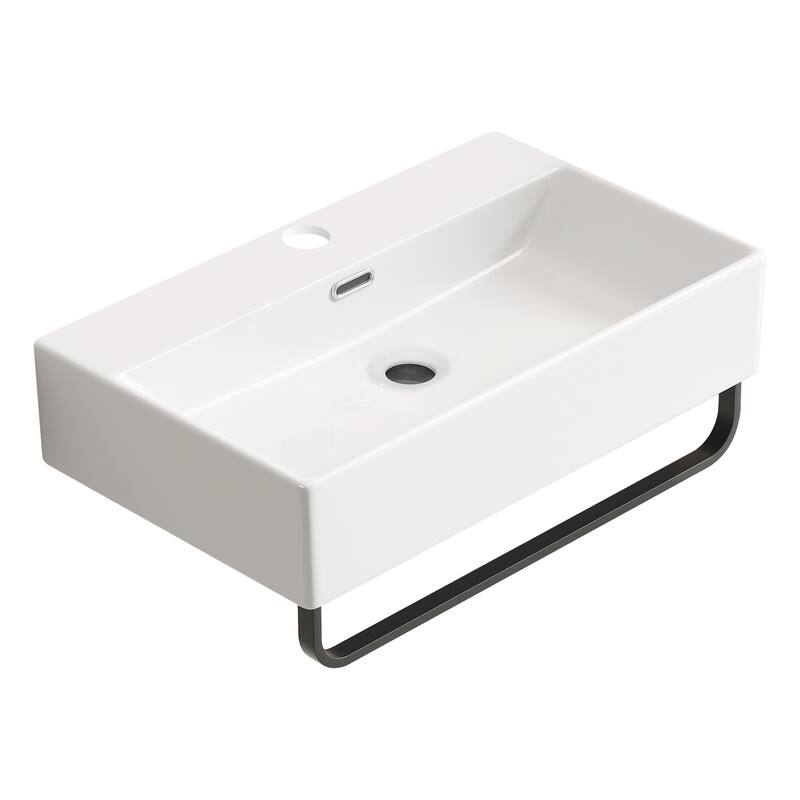 GDFStudio - Vale Modern Ceramic Wall Mounted Vessel Sink with Integrated Towel Bar and Faucet Hole - Milk White - 23.63"