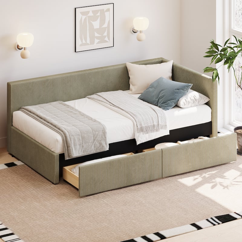 Vertical Striped Corduroy Upholstered Frame Daybed with 2 Storage Drawers, Twin Size Corner Sofa Bed Frame, L Shape Captain Bed