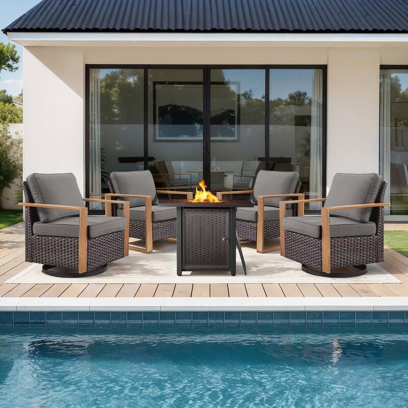 Meyreso 5-Piece Wicker Patio Conversation Set with Metal Fire Pit & Plush 4.5" Olefin Cushions