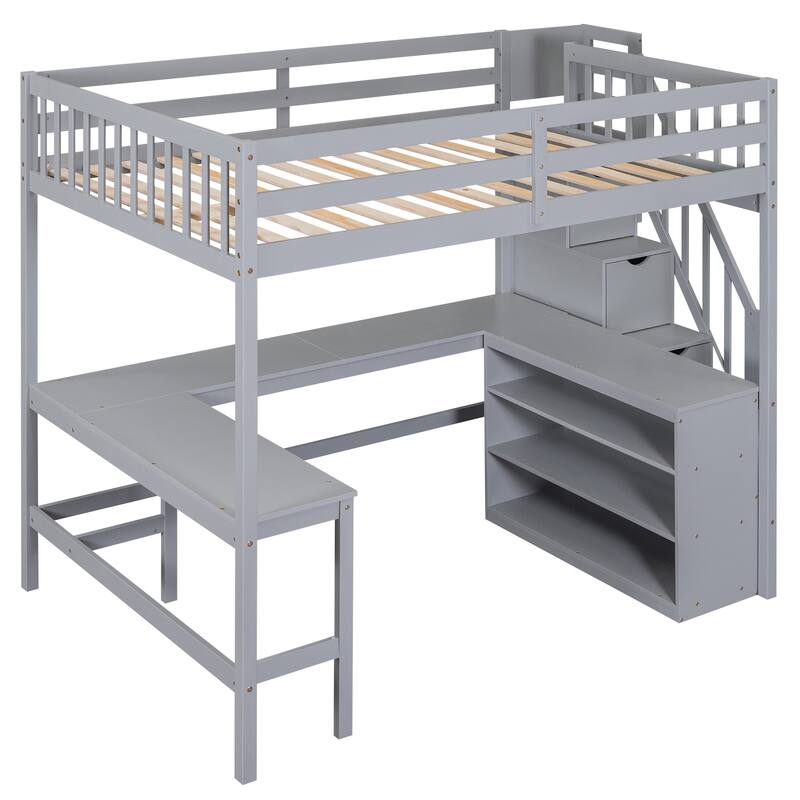 Full Size Pine Wood Loft Bed with Built-in L-Shaped Desk and Three-Tier Storage Shelves, and Attached Storage Staircase