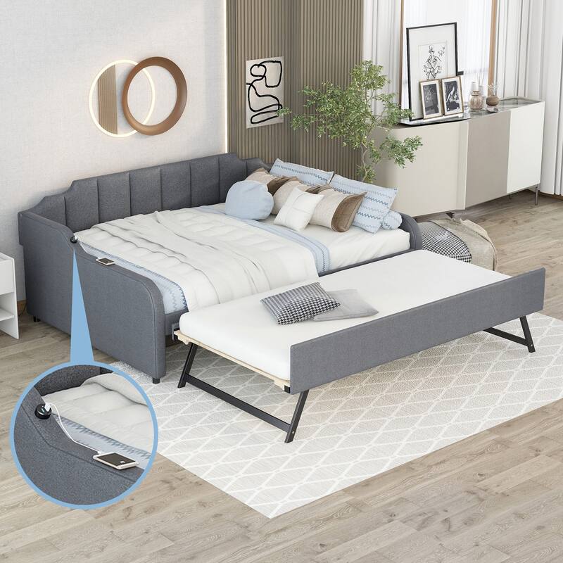 Full Size Upholstery Daybed with Trundle and USB Charging Design,Trundle Gray
