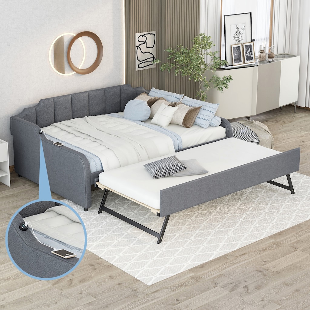 Roomfitters Full Upholstered Daybed with Convertible Trundle and USB Charging Station for Compact Living, Gray