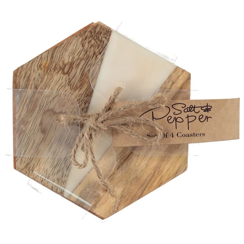 Dainty Home Wood And White Resin Designed Hexagon Coaster Set of 4 - 4" Hexagon