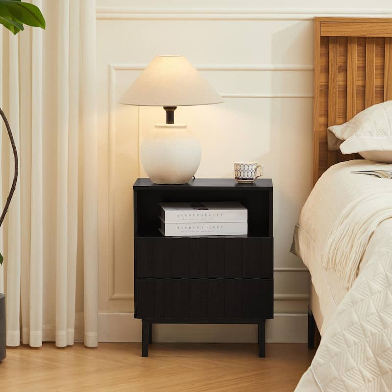 Mid Century Woodgrain Nightstand Pair 2 Drawers Bedside Table